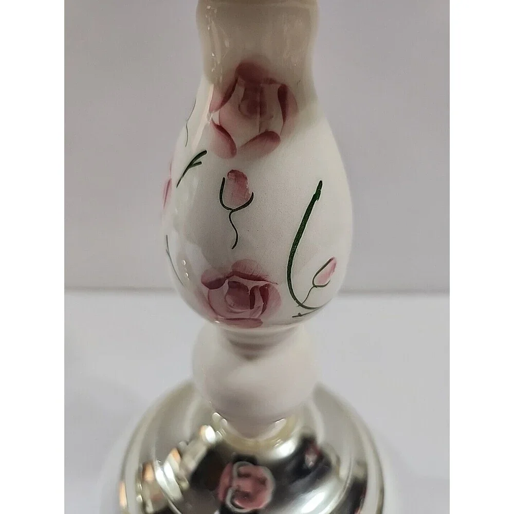(2) Home Interiors Candle Holders Shabby Chic Pink Floral Gold Taper 7.5
